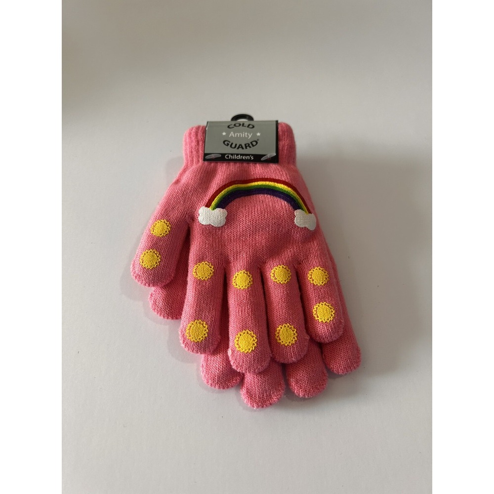 Amity Cold Guard Girls Rainbow Sun Clouds Fashion Knit Gloves Pink Yellow 5.5"